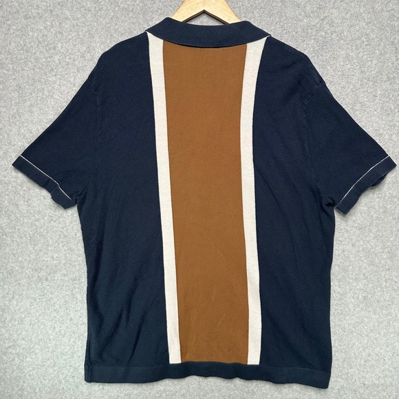 Express Mens XL Knit Polo Shirt Navy Brown Cream Color Block Button Front Cotton - Picture 3 of 7